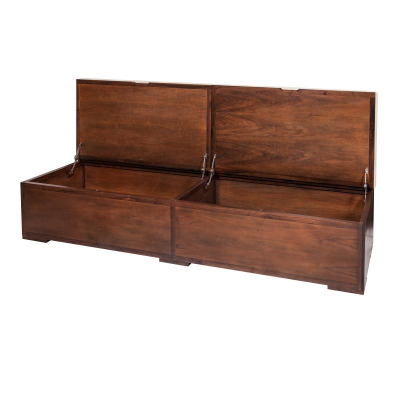 double wood mahogany bench with upholstered cushions and storage