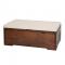 walnut wood bench with upholstered seat cushion and storage