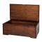 walnut wood bench with upholstered seat cushion raised for storage