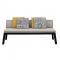 outdoor settee with wood frame with upholstered seat and cushions